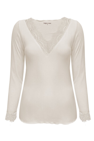 Top Beige  cashmere with lace v neck Triple Nine TR9003