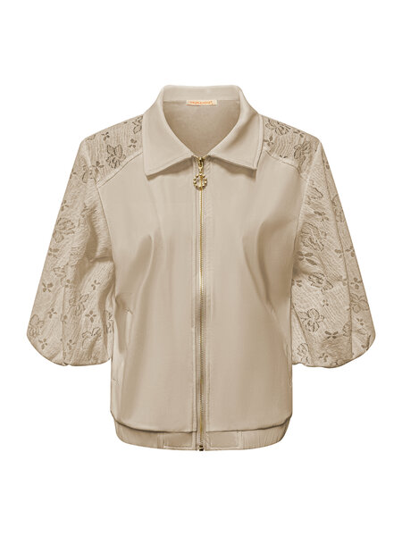 JA92409 Jacket short sleeves with zip and lace sleeves Beige