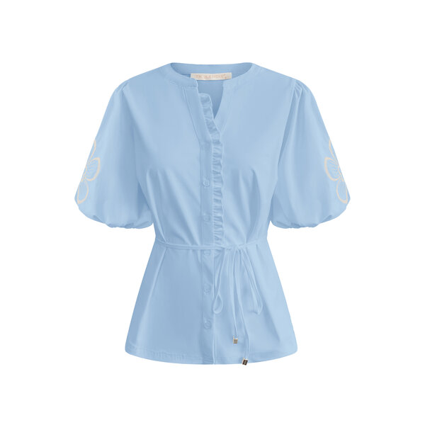 Blouse short sleeves with embroidery on the sleeves and cord BLS5943 L.Blue