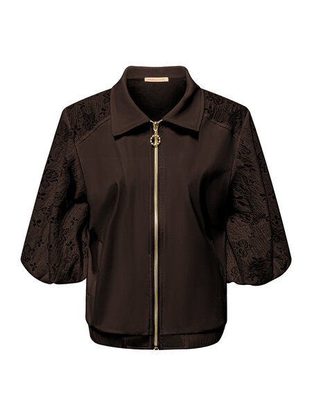 JA92409 Jacket short sleeves with zip and lace sleeves Dark brown