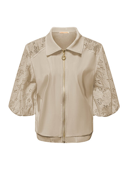 JA92409 Jacket short sleeves with zip and lace sleeves Beige