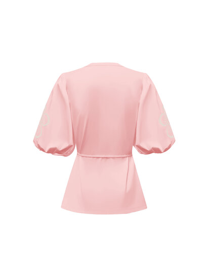 Blouse short sleeves with embroidery on the sleeves and cord BLS5943 Powder Pink Back