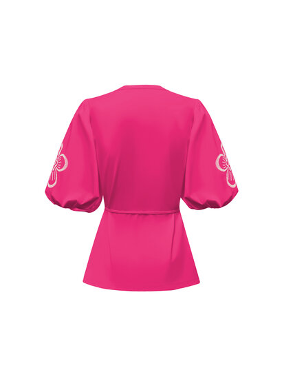 Blouse short sleeves with embroidery on the sleeves and cord BLS5943 Fuchsia Back