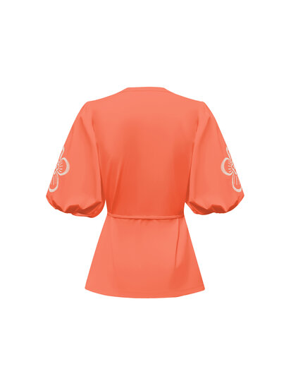 Blouse short sleeves with embroidery on the sleeves and cord BLS5943 Carol Back