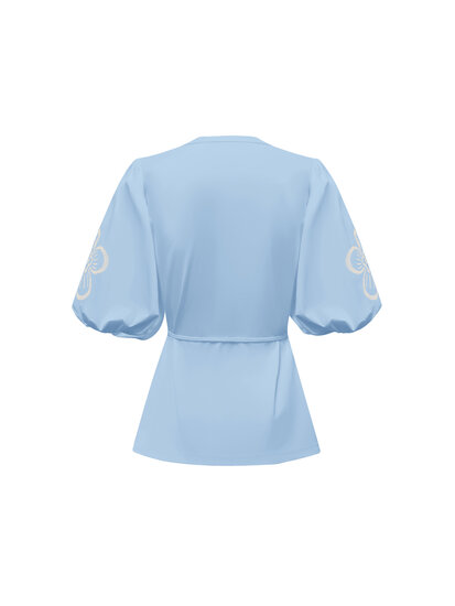 Blouse short sleeves with embroidery on the sleeves and cord BLS5943 L.Blue Back