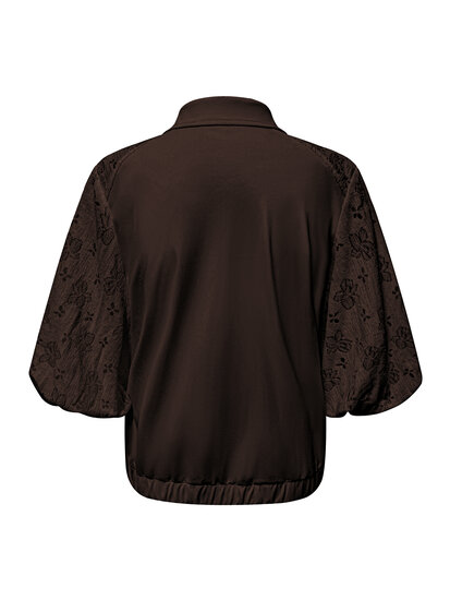 JA92409 Jacket short sleeves with zip and lace sleeves Dark brown back