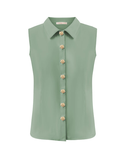 BLS5932 Sage Green Blouse cut sleeves with gold buttons