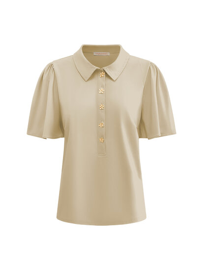 TP6942 Beige Top short sleeves with collar and gold buttons
