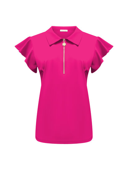 Top Fuchsia with collar and zip and ruche sleeves TP6937