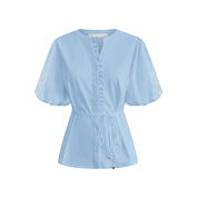Blouse short sleeves with embroidery on the sleeves and cord BLS5943 L.Blue