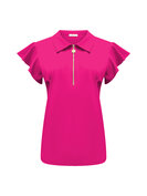 Top Fuchsia with collar and zip and ruche sleeves TP6937, Triple Nine.